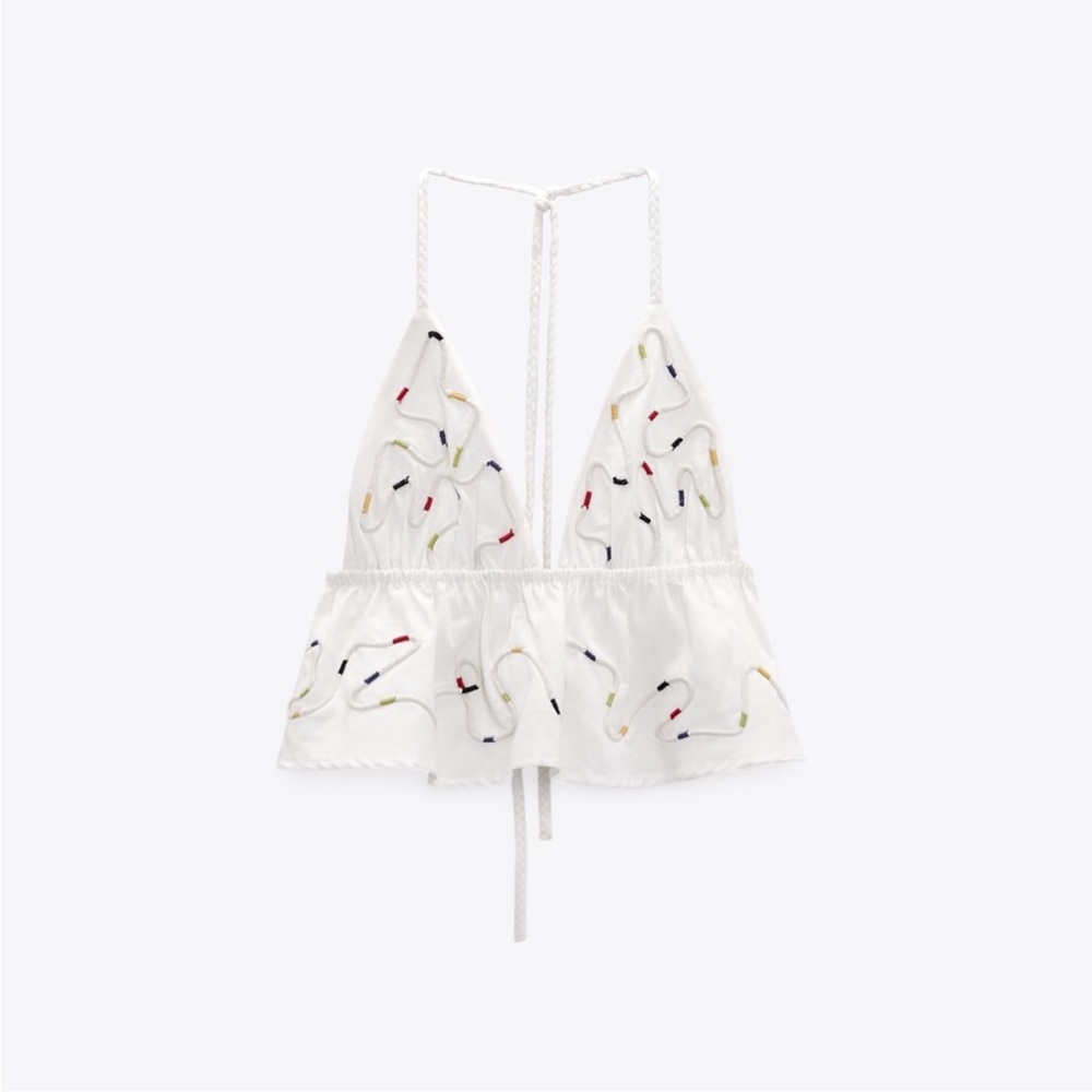 Zara Embroidered Crop top Ruffle hem Size Large NWT - Picture 2 of 6